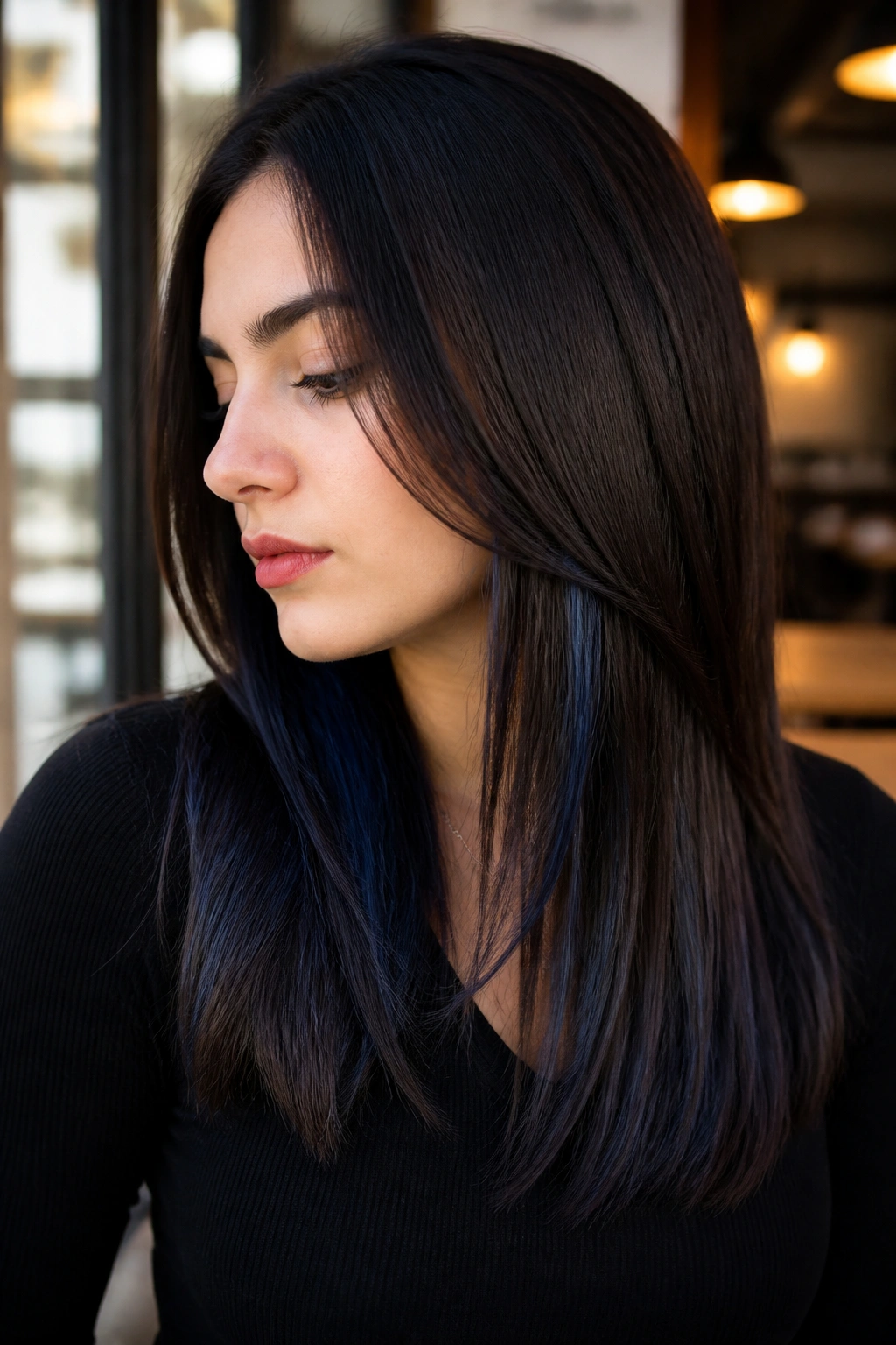 Portrait of a real woman with espresso brown hair and navy underlights