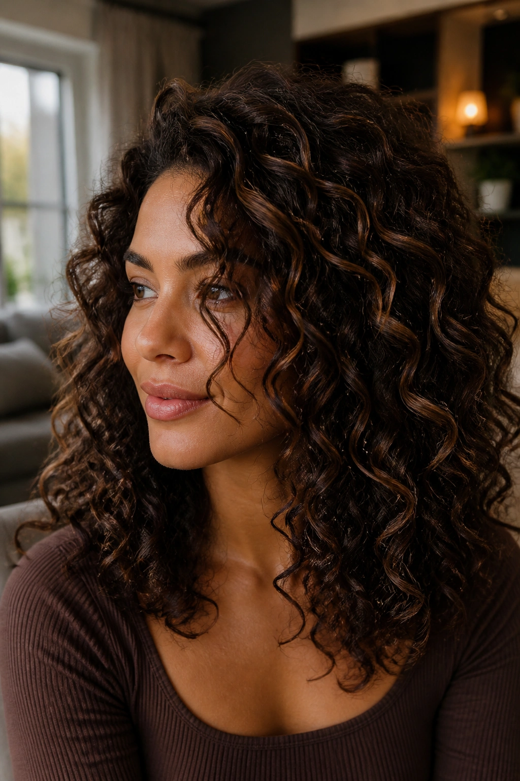Close-up portrait of a real woman with espresso brown curls and ribbon highlights framing the face