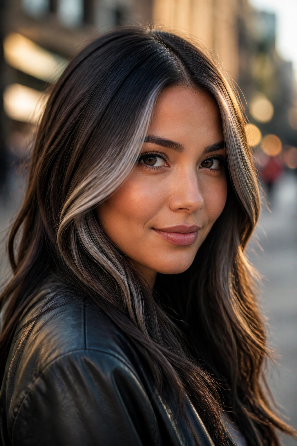 Portrait of a real woman with espresso brown hair and silver contour streaks near the temples
