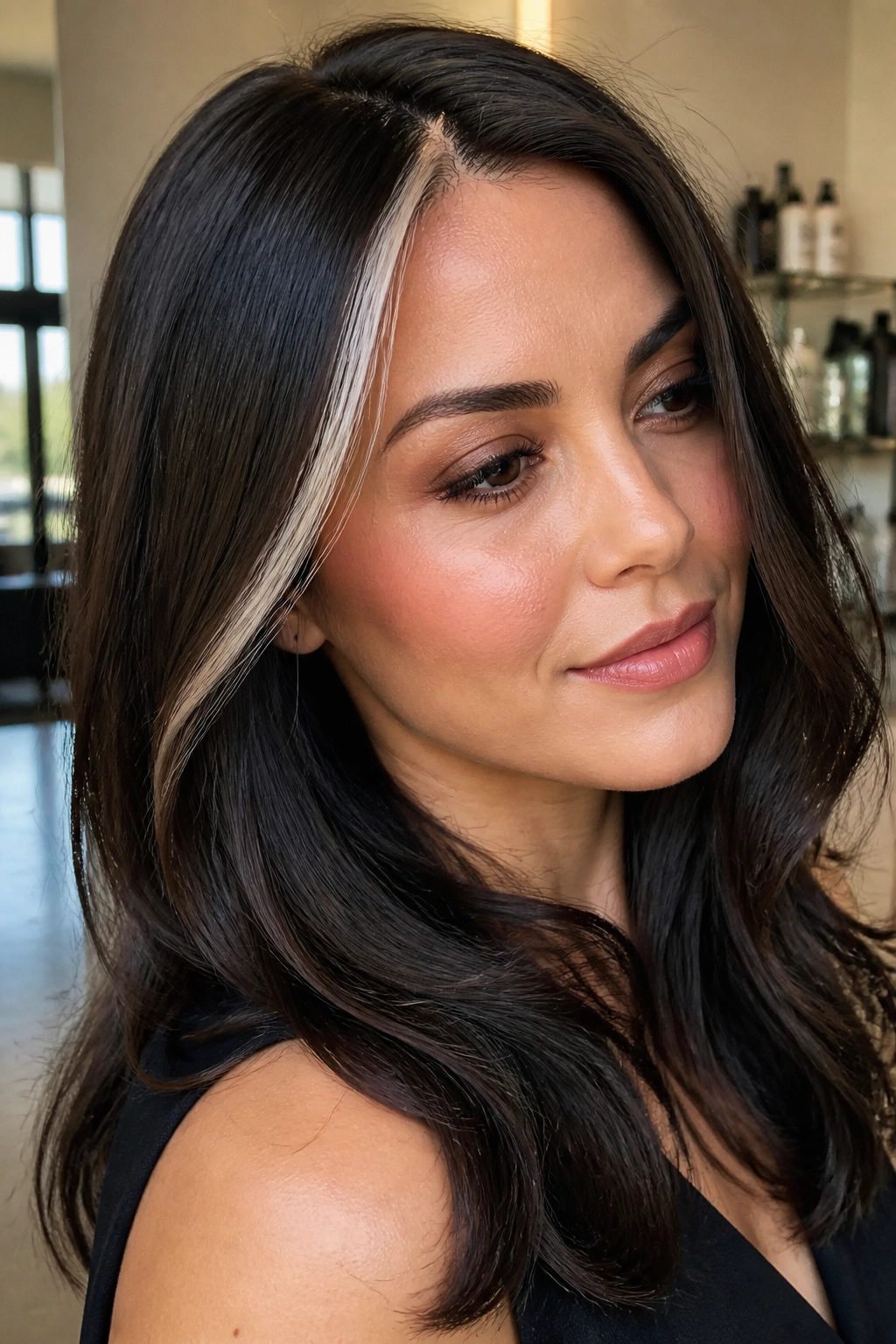 Close-up of a woman with espresso brown hair and a thin silver money piece at the front hairline