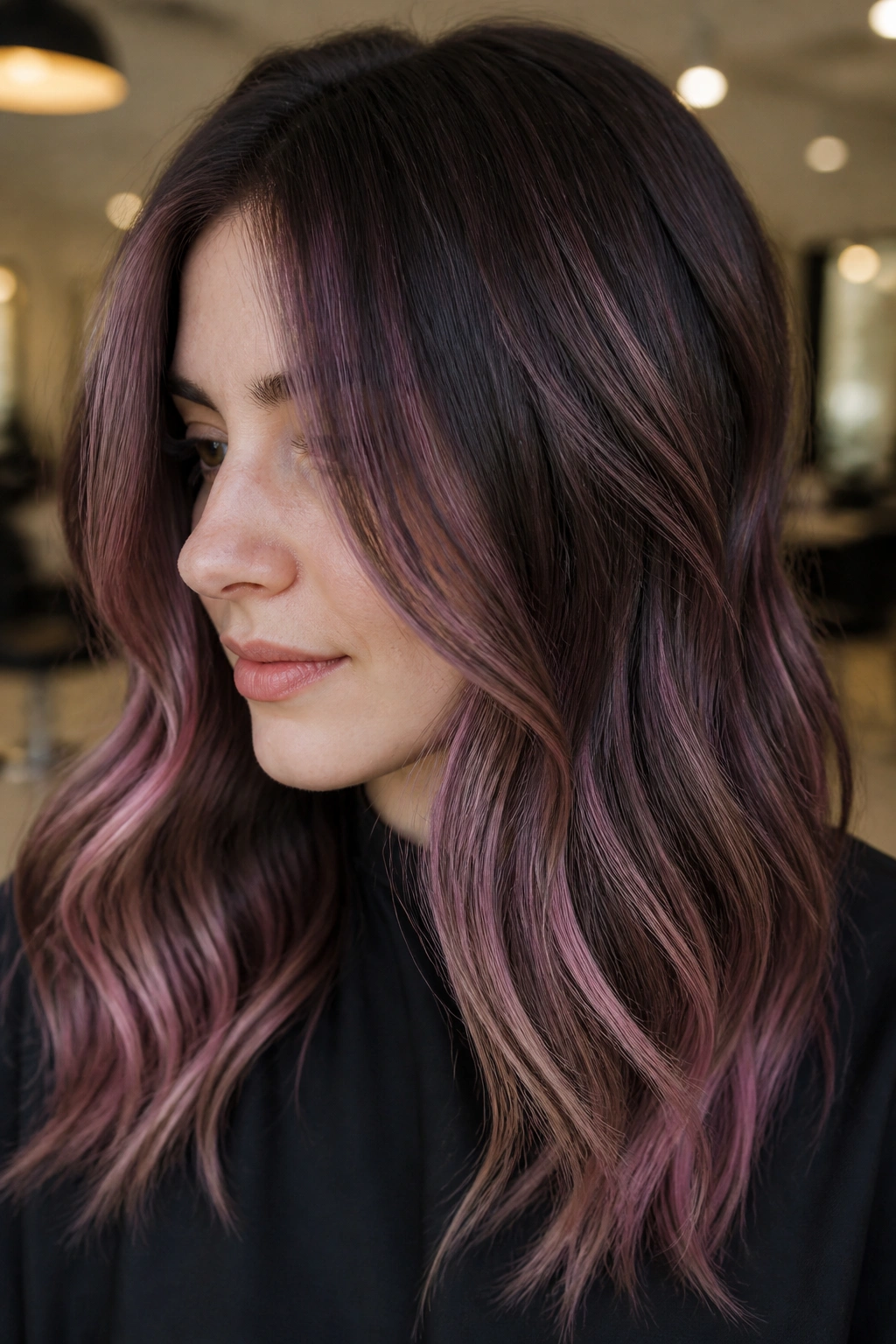 Close-up portrait of a real woman with espresso brown hair and smoky pink ribbons