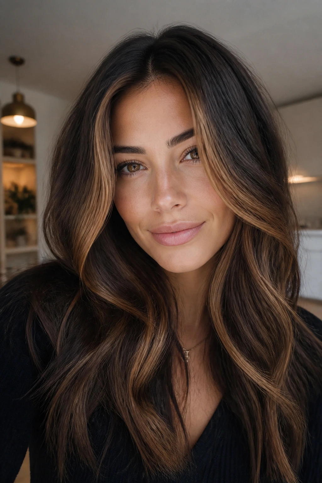 Espresso brown hair with toffee ribbon lights framing the face