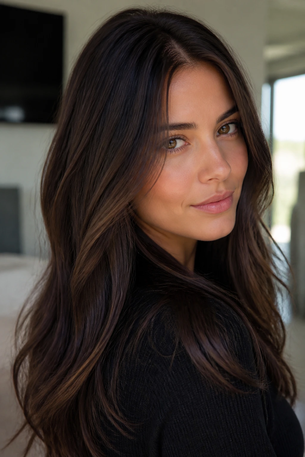 Close-up of espresso brunette with barely-there babylights on a real person