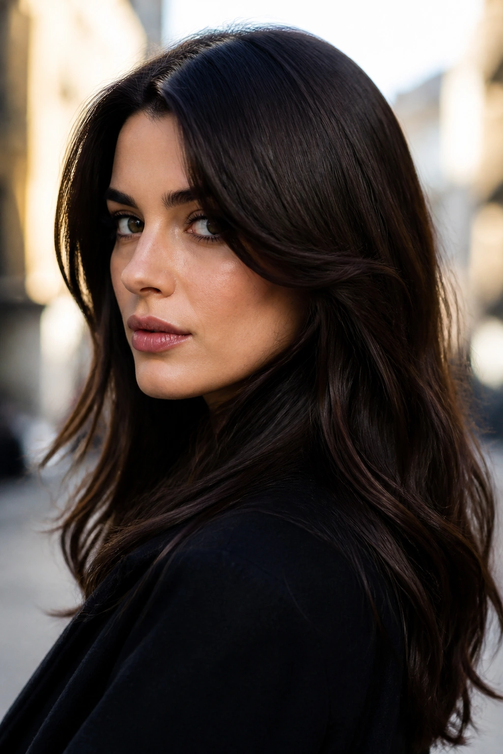Close-up portrait of a person with espresso brunette hair and cool skin.
