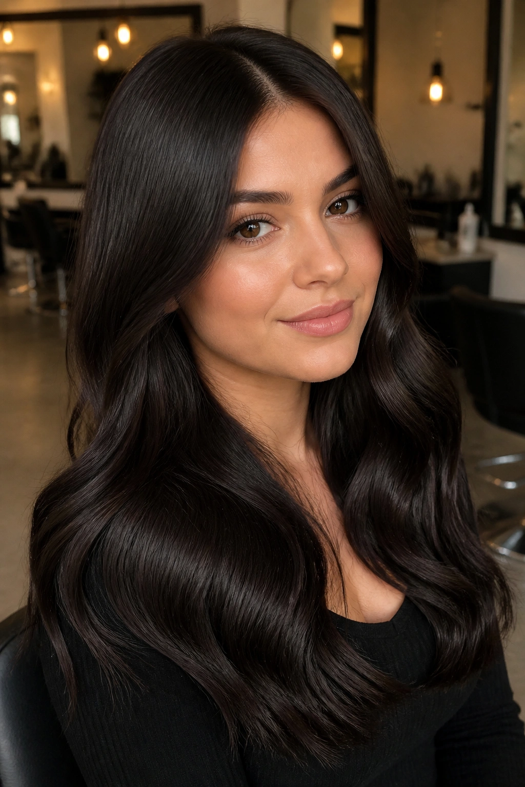 Close-up of a real woman with deep espresso brunette glossy hair from crown to ends