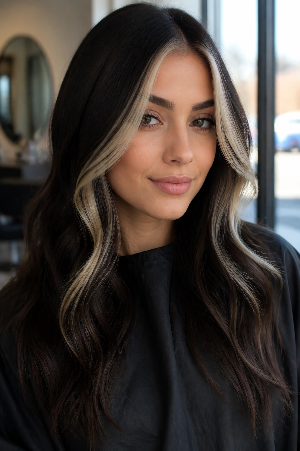 Close-up portrait with espresso brunette hair and pearl blonde face frame