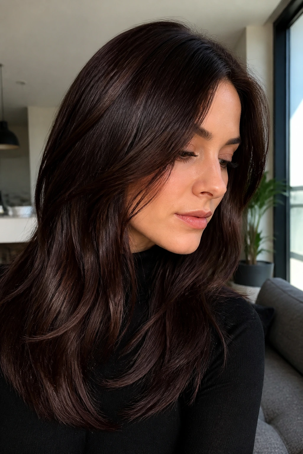 Close-up of real woman with espresso burgundy glaze enhancing brunette hair