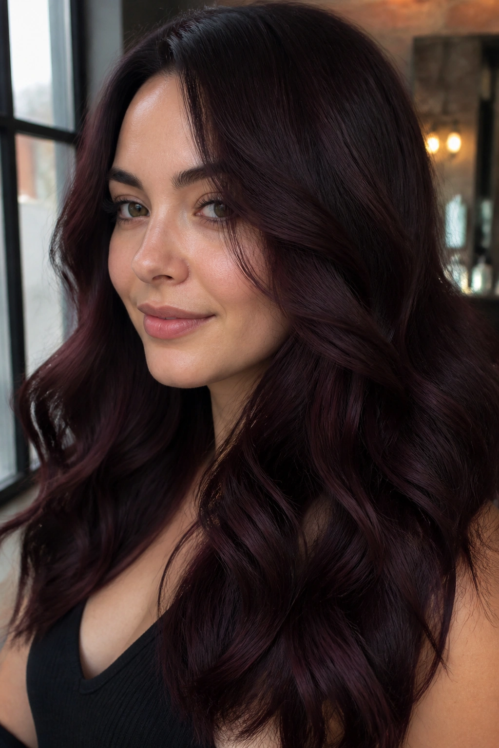 Close-up of a real woman with espresso burgundy hair near black base