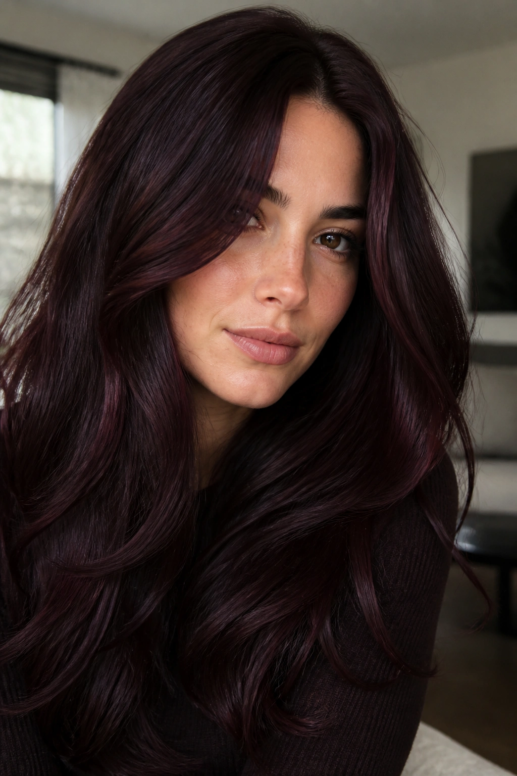 Close-up portrait of a woman with espresso burgundy brown hair for cool skin tones with burgundy edges