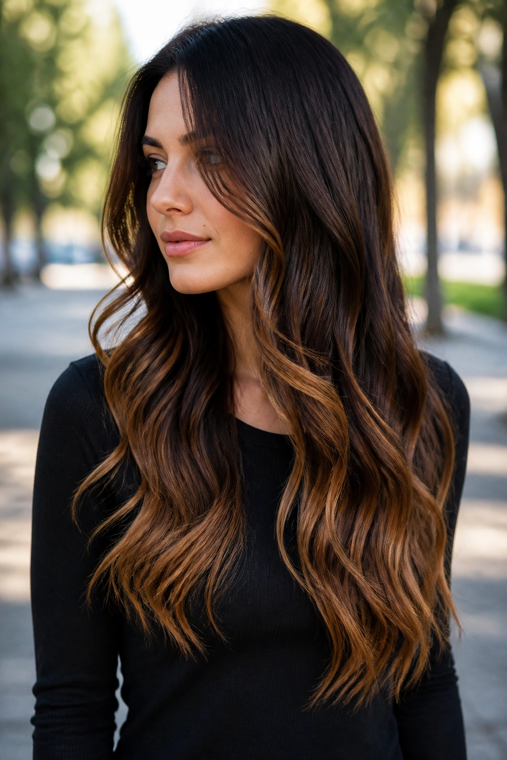 Portrait of a woman with espresso to caramel dip-dye ends in natural light