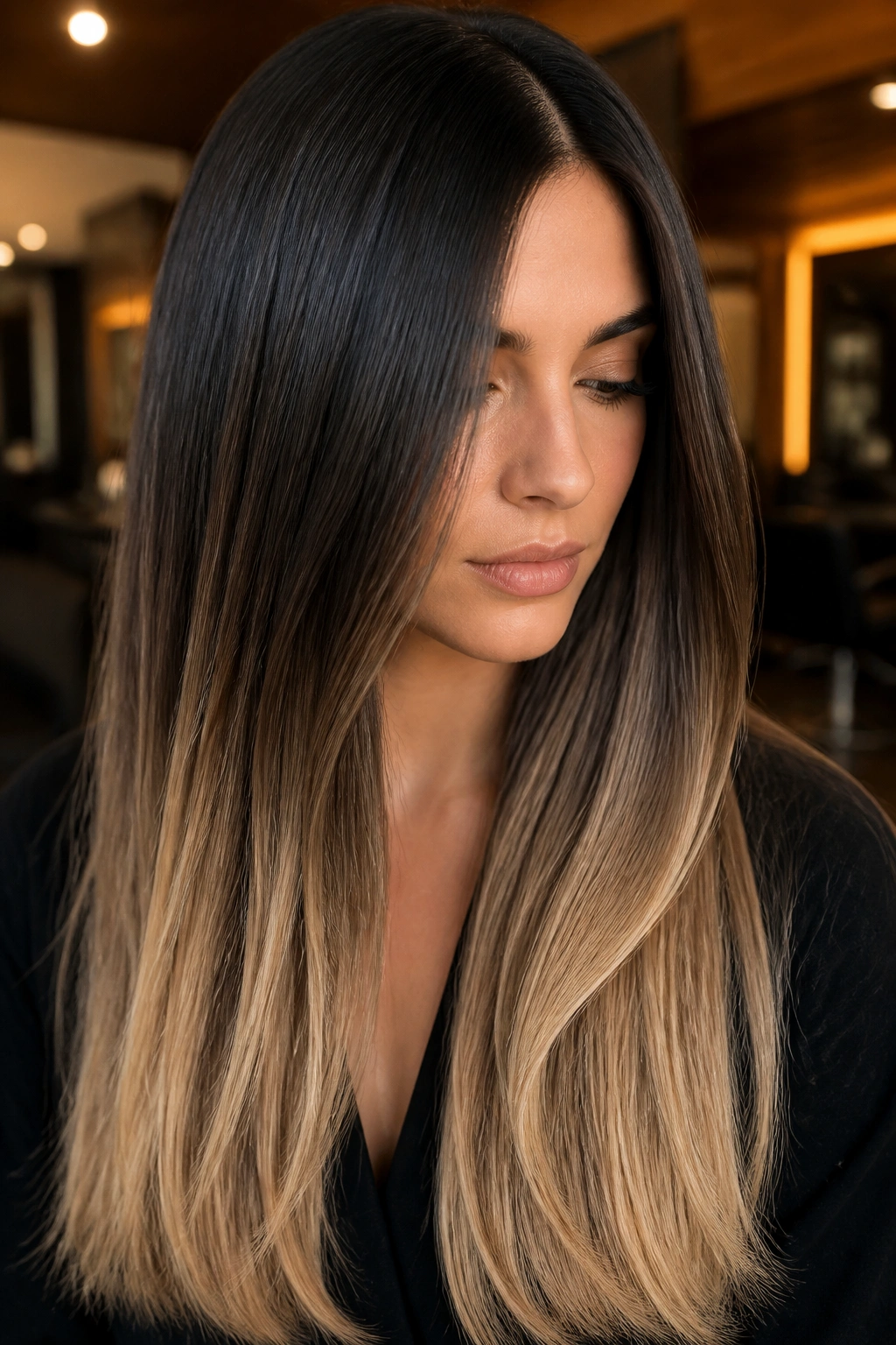 Portrait of a woman with espresso roots transitioning to caramel champagne ends in long hair