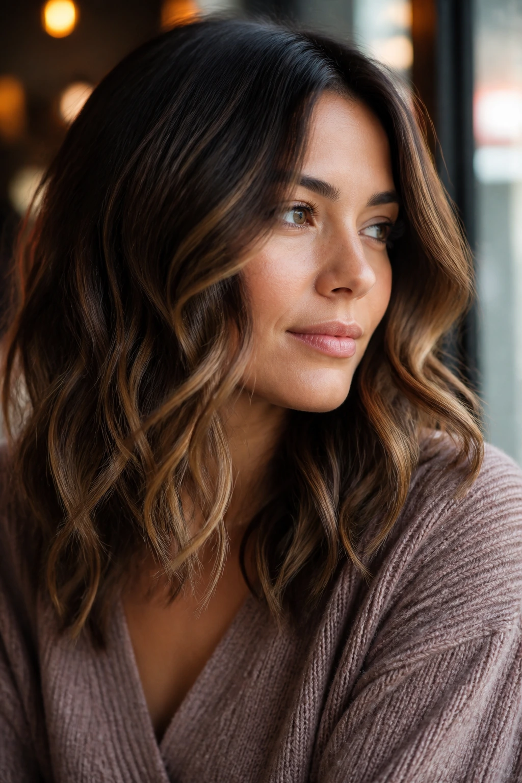 Close-up of brown hair with espresso roots and caramel ribbons
