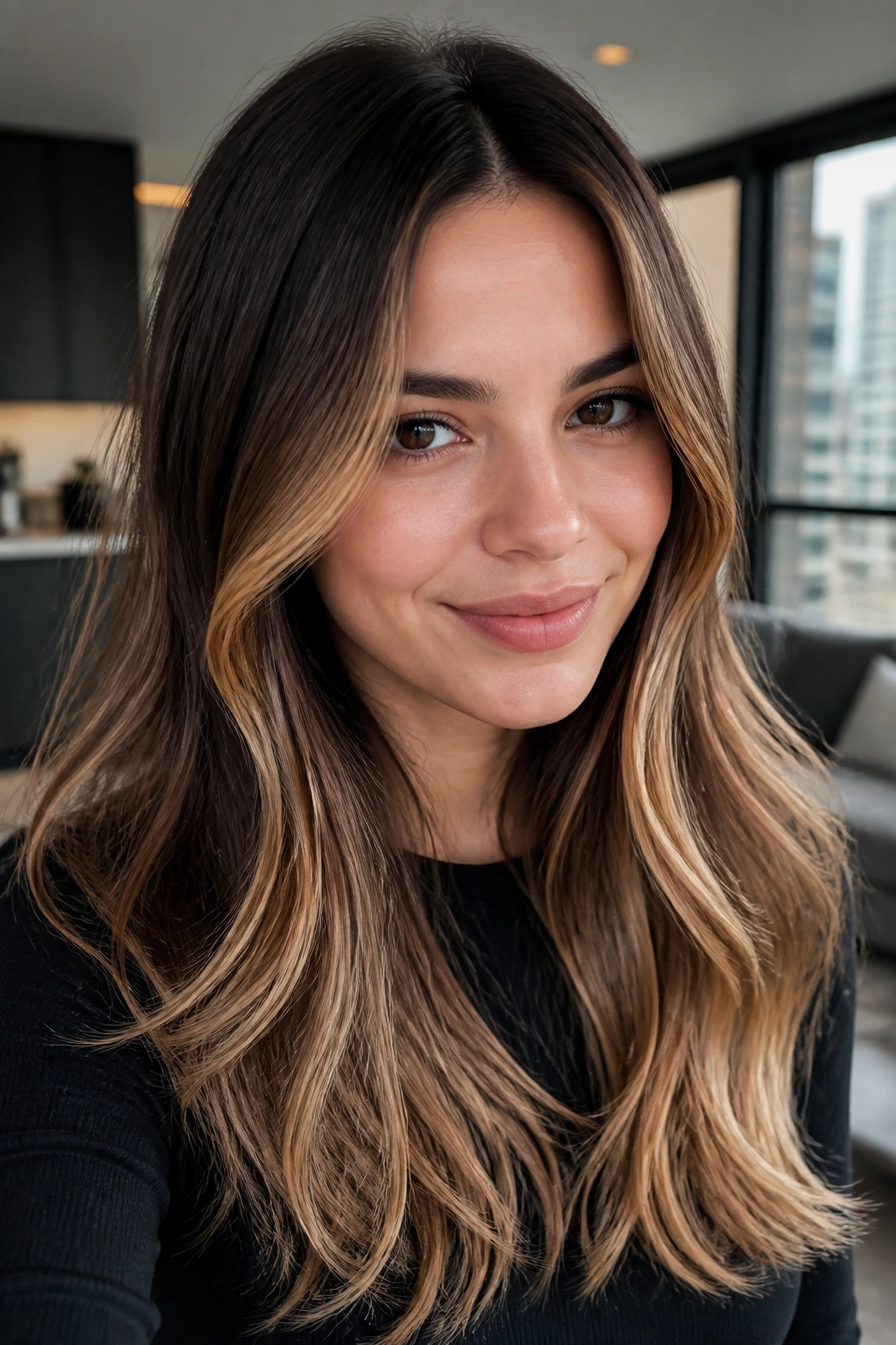 Portrait of a real woman with espresso roots and caramel money pieces with blonde ends
