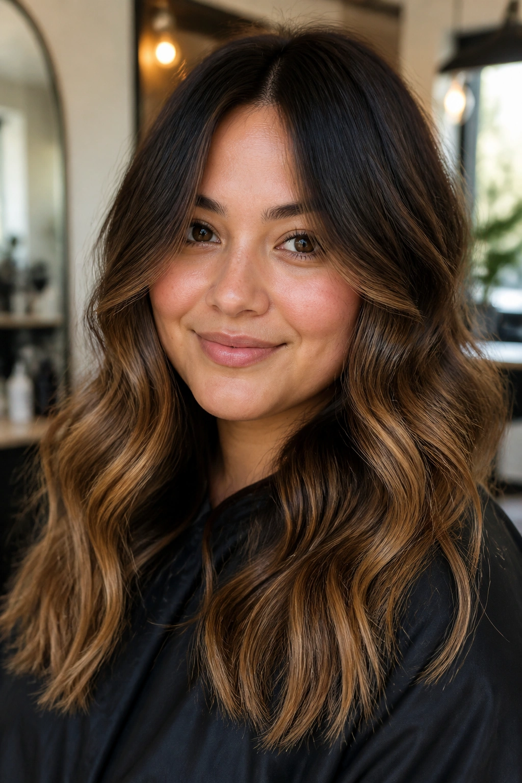 Close-up of deep espresso-to-caramel ombre on a real woman with dark roots and caramel ends