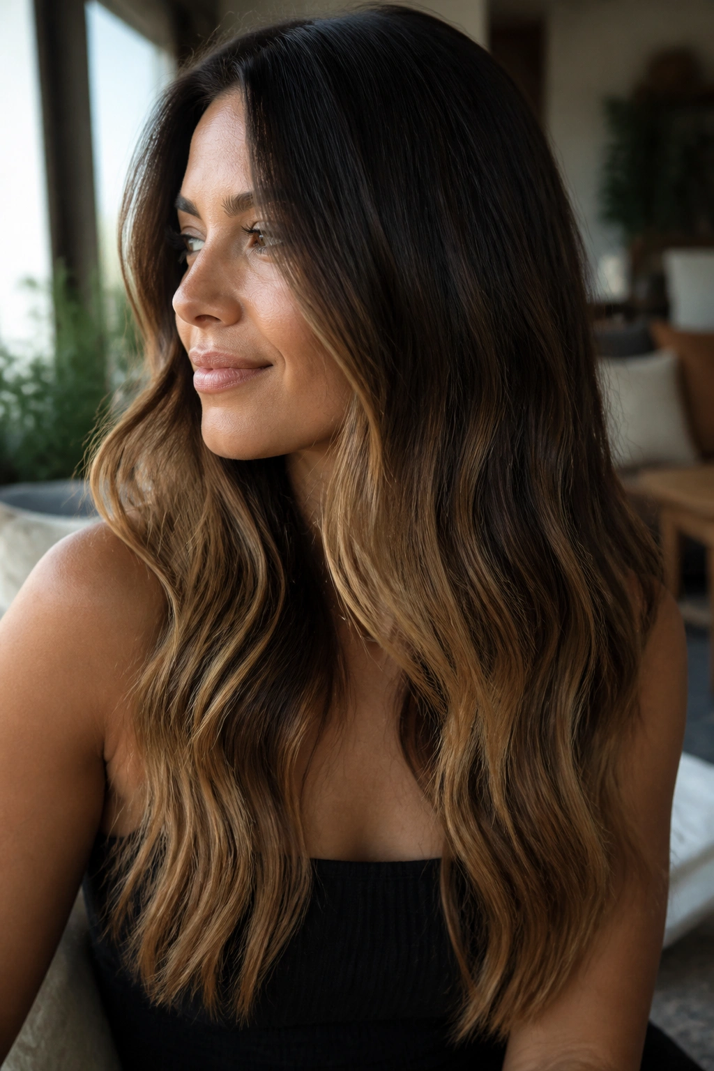 Close-up of a woman with espresso roots and caramel ends in long brunette hair