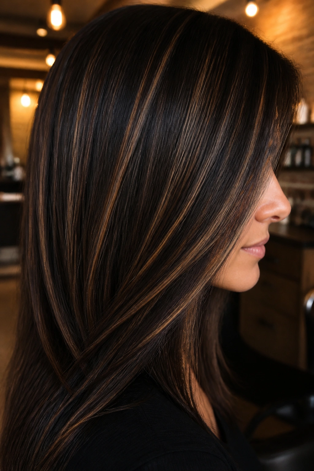 Espresso brown hair with caramel ribbon highlights in a close-up portrait