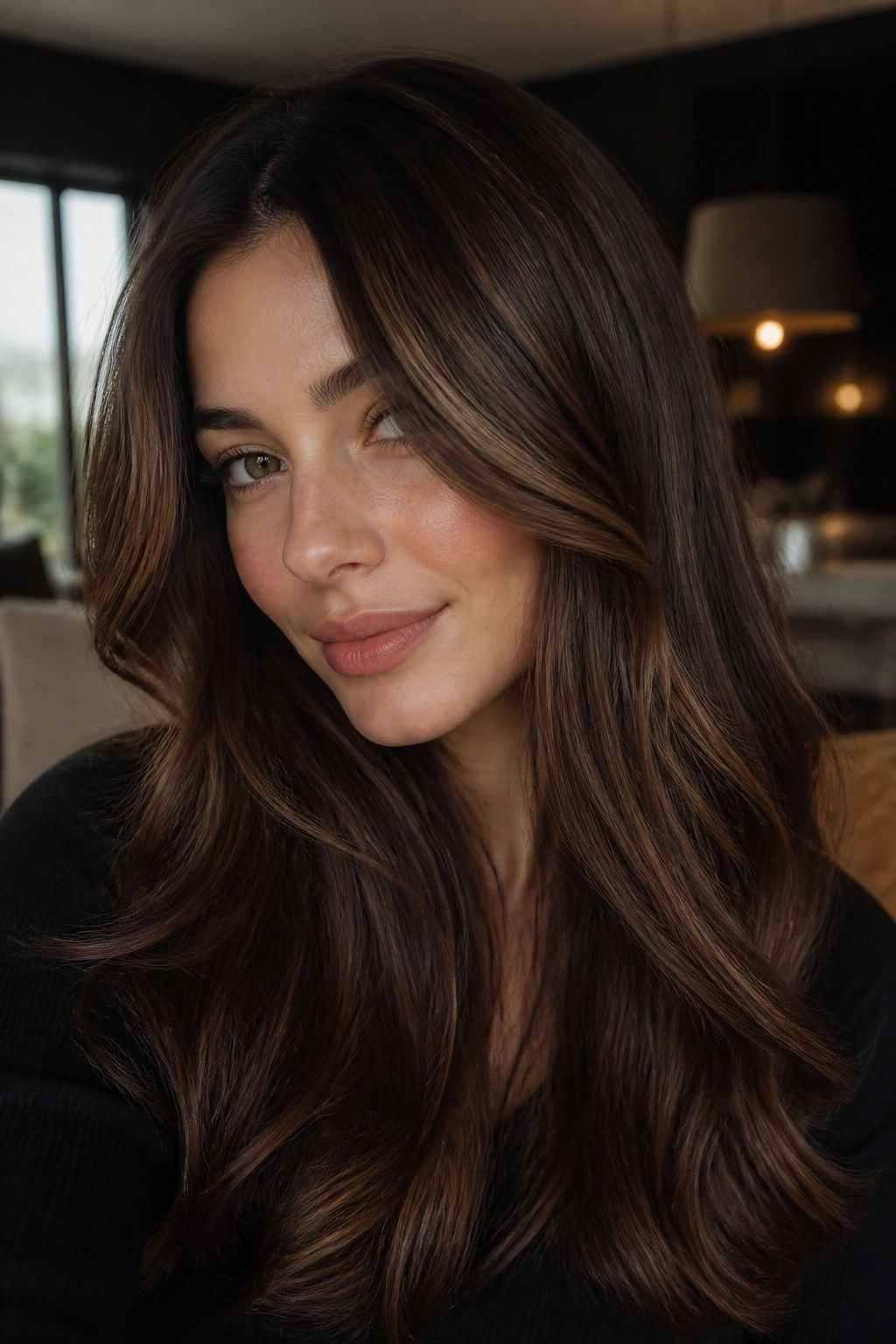 Close-up of espresso hair with a caramel veil on real person
