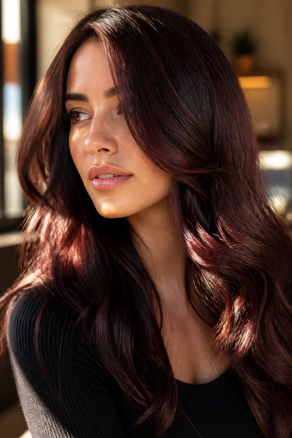 Close-up portrait of a real person with espresso brown hair and cherry reflections in sunlight.