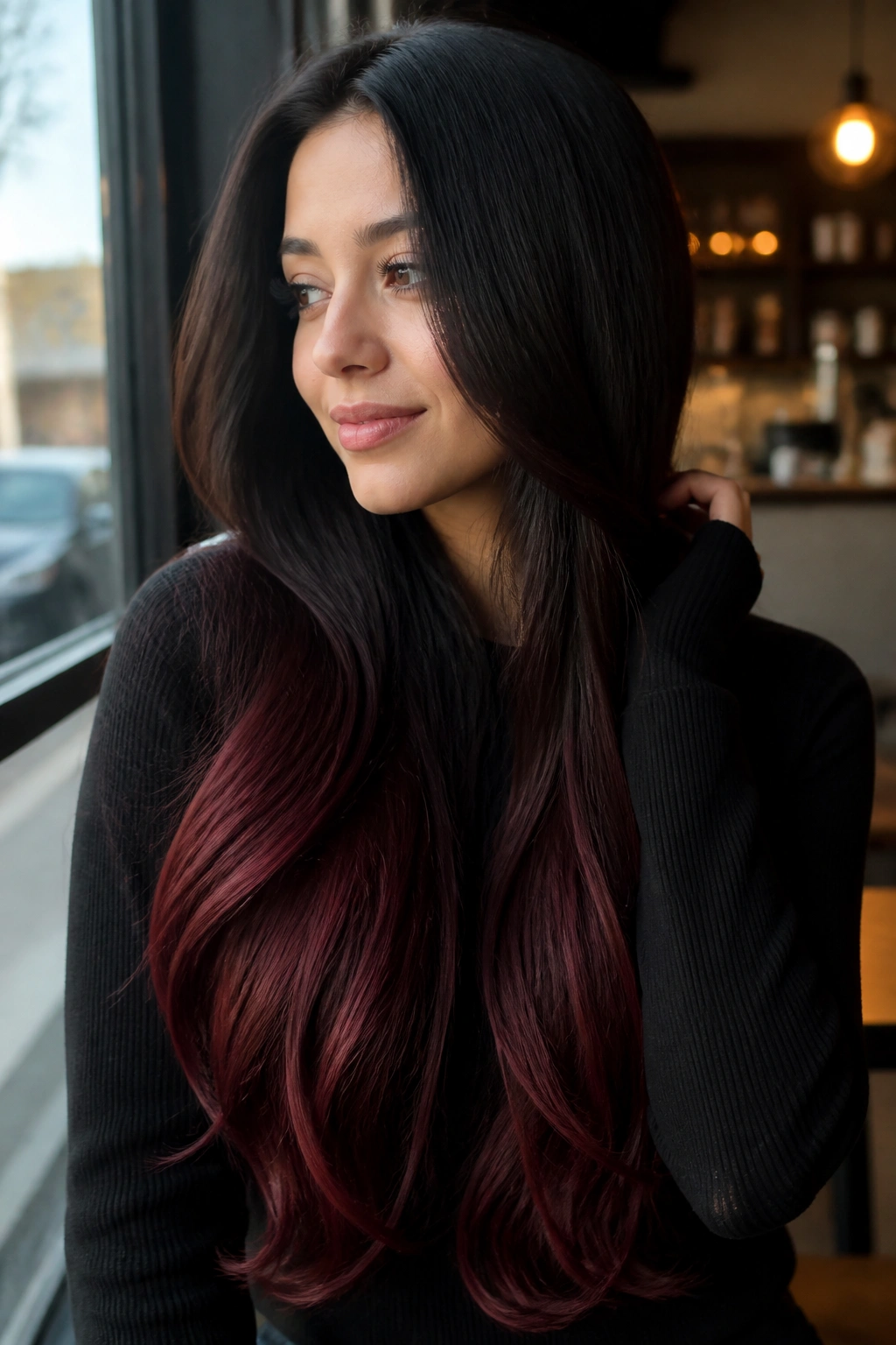 Close-up portrait of a real woman with espresso hair fading to cherry cola ends