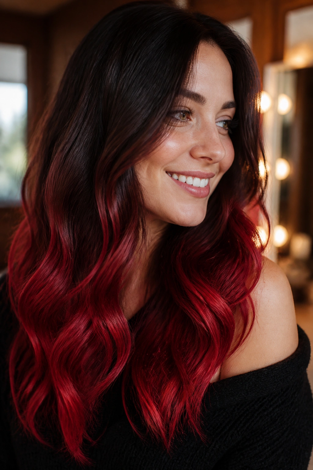 Close-up of real woman with espresso roots fading to cherry red ends in long waves