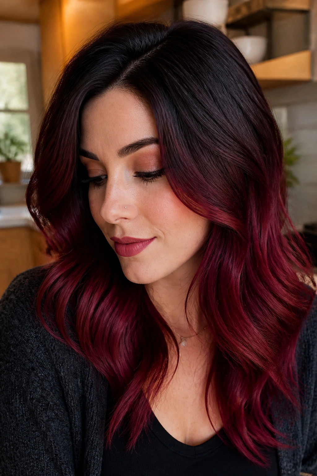 Close-up portrait of a woman with espresso cherry root shadow hair.