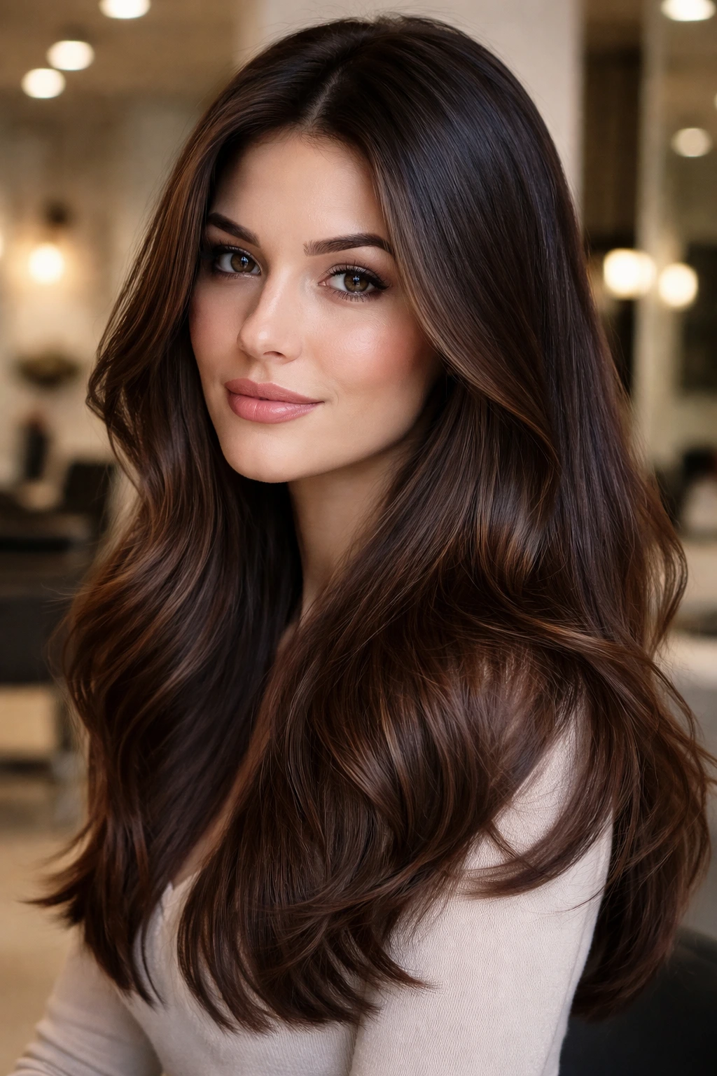Close-up portrait of a person with espresso chestnut hair and cool root shadow.