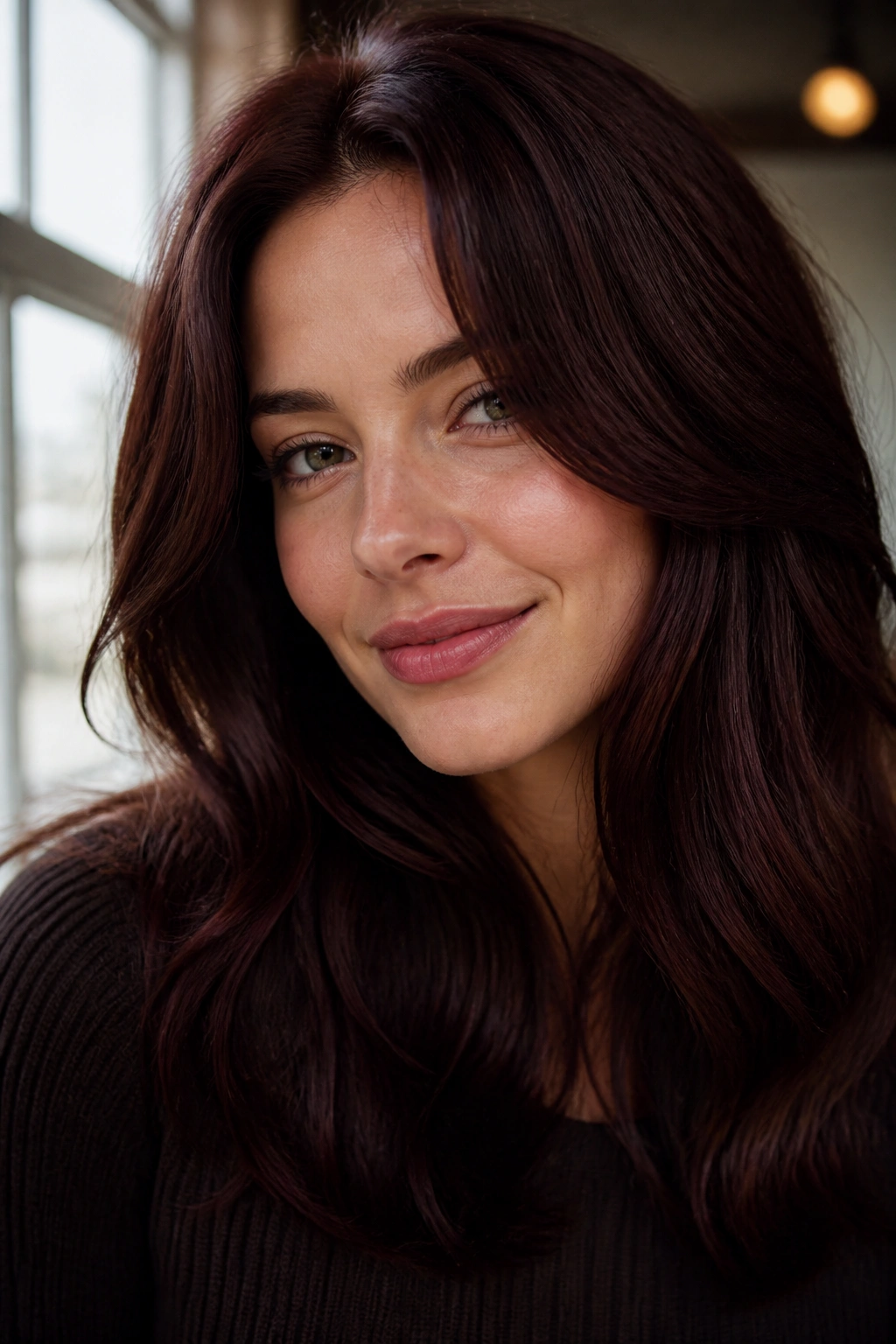 Close-up portrait of a real woman with Espresso Chocolate Auburn hair in window light