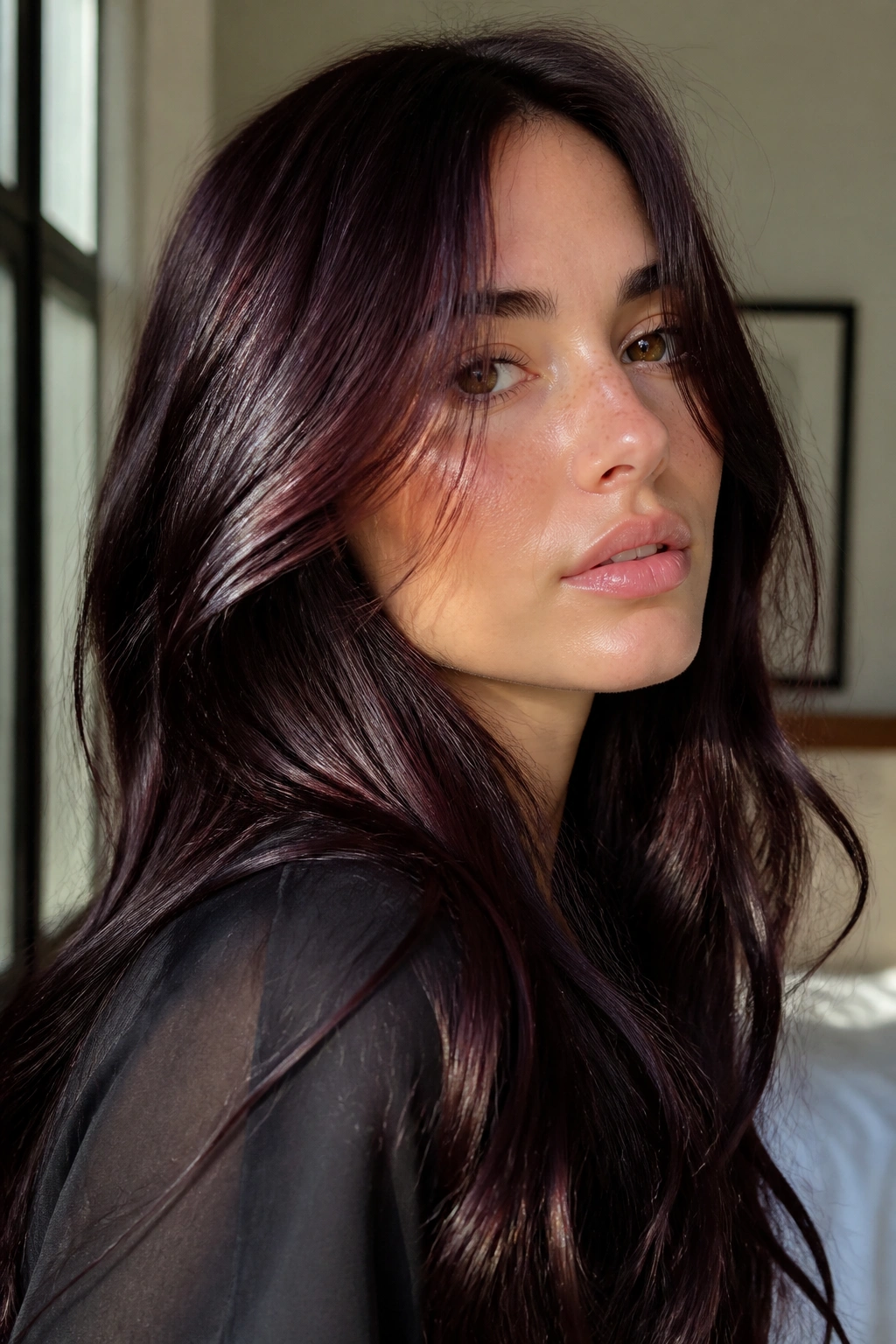 Close-up of a real person with Espresso Chocolate Cherry with a Sheer Gloss hair color, deep espresso brown with blue-red gloss.