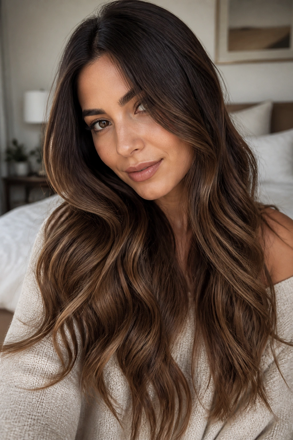 Close-up of a real woman's hair showing espresso roots fading to milk chocolate ends in soft waves