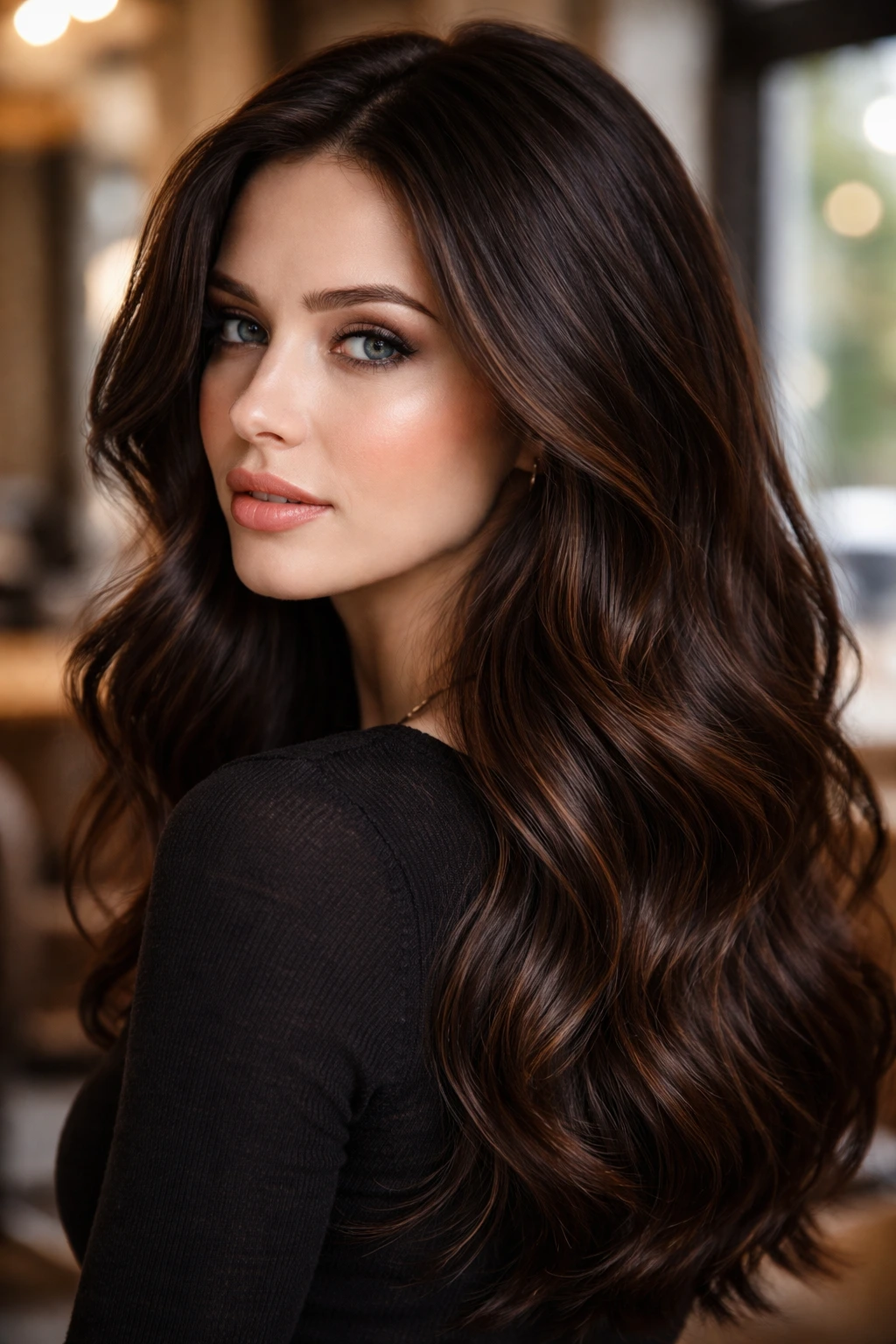 Close-up of a real woman with deep espresso hair and cinnamon lowlights