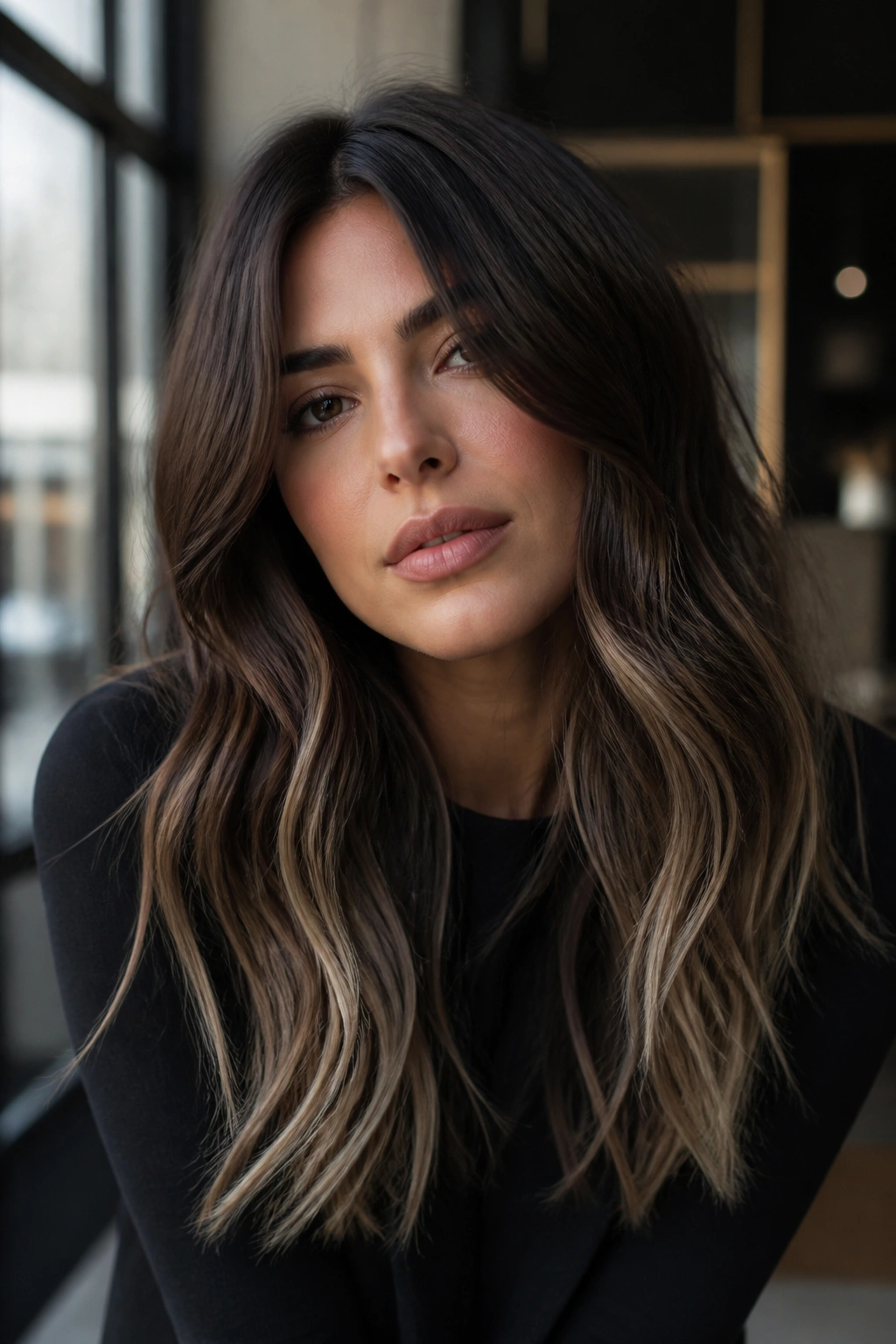 Real woman with cool espresso hair and high-contrast ends