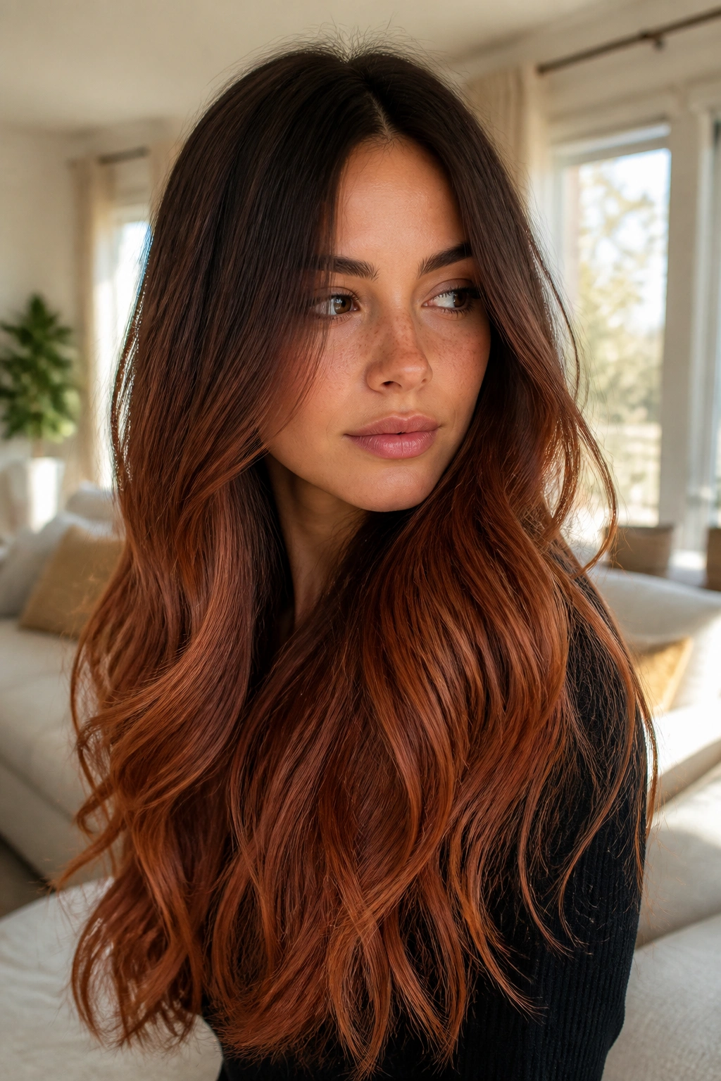 Close-up portrait of a real woman with espresso brown roots fading into cinnamon copper on long hair.