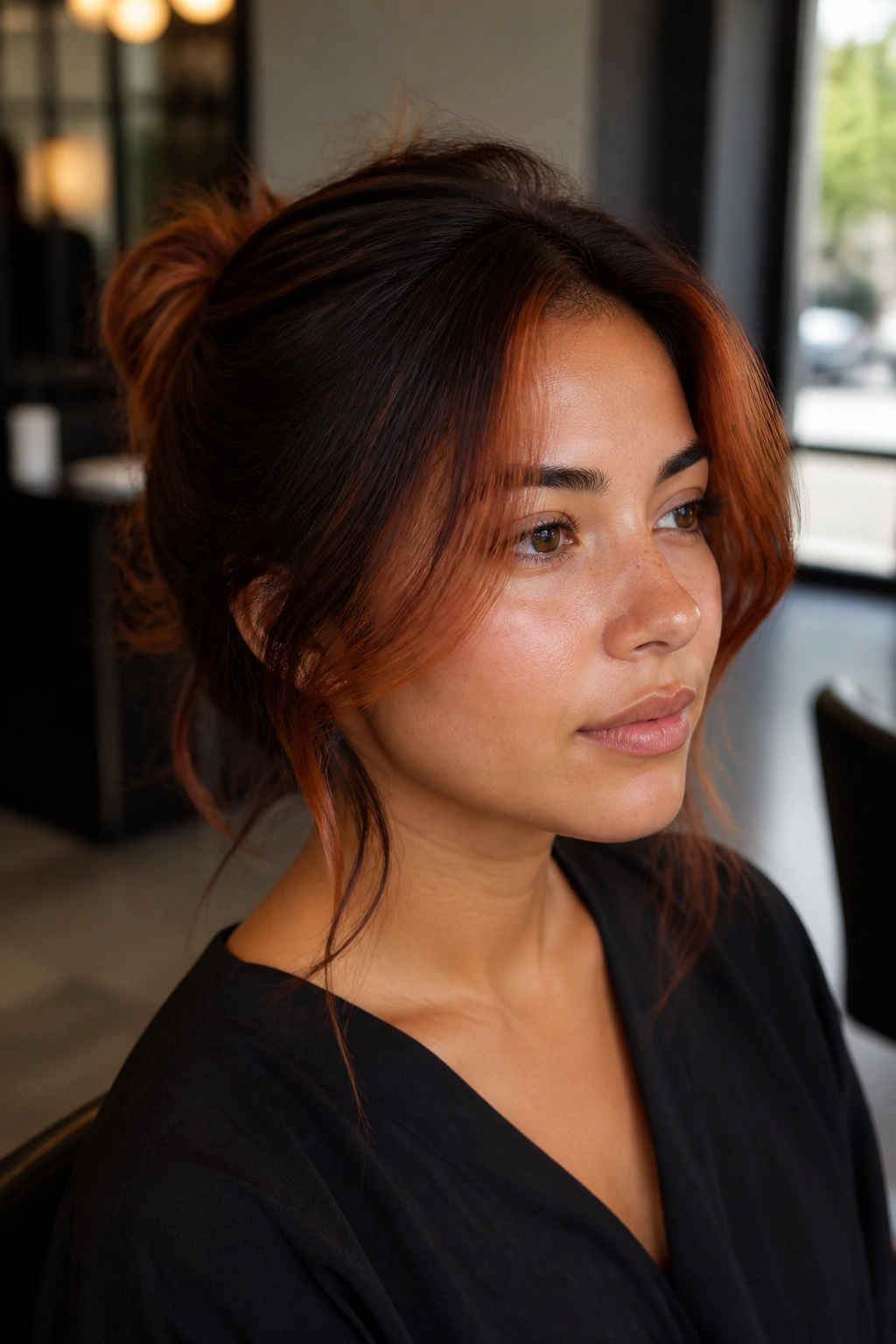 Close-up of espresso hair with copper face-framing pieces at the front.