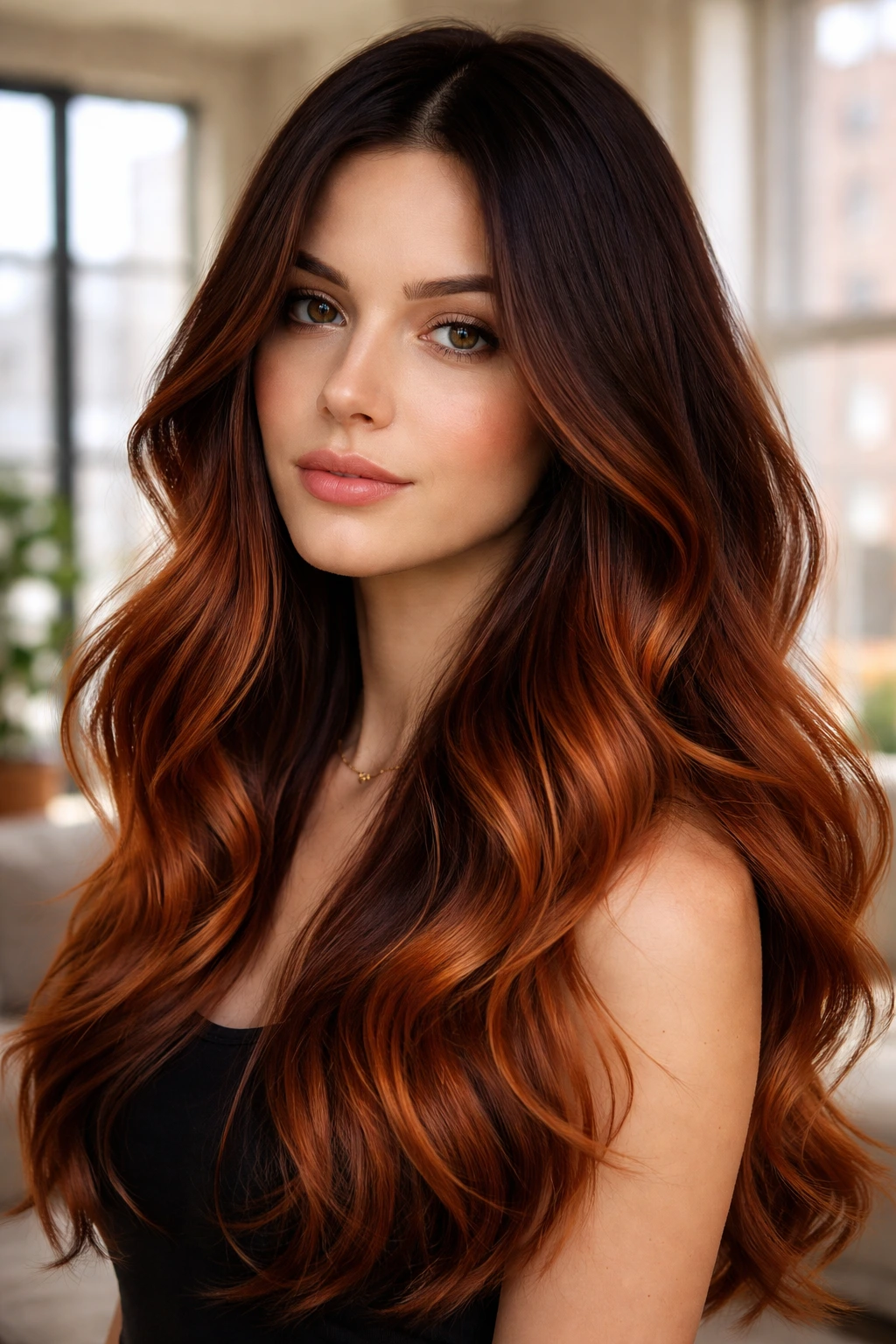 Portrait of a person with espresso-to-copper gradient in hair.