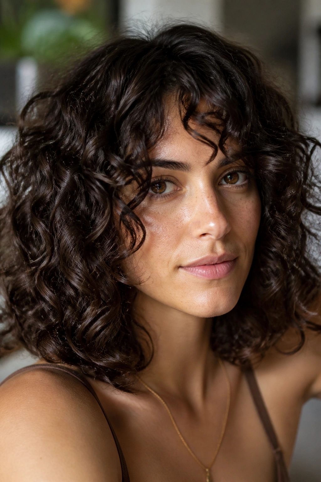 Portrait of a real woman with satin espresso curls and glossy shine.