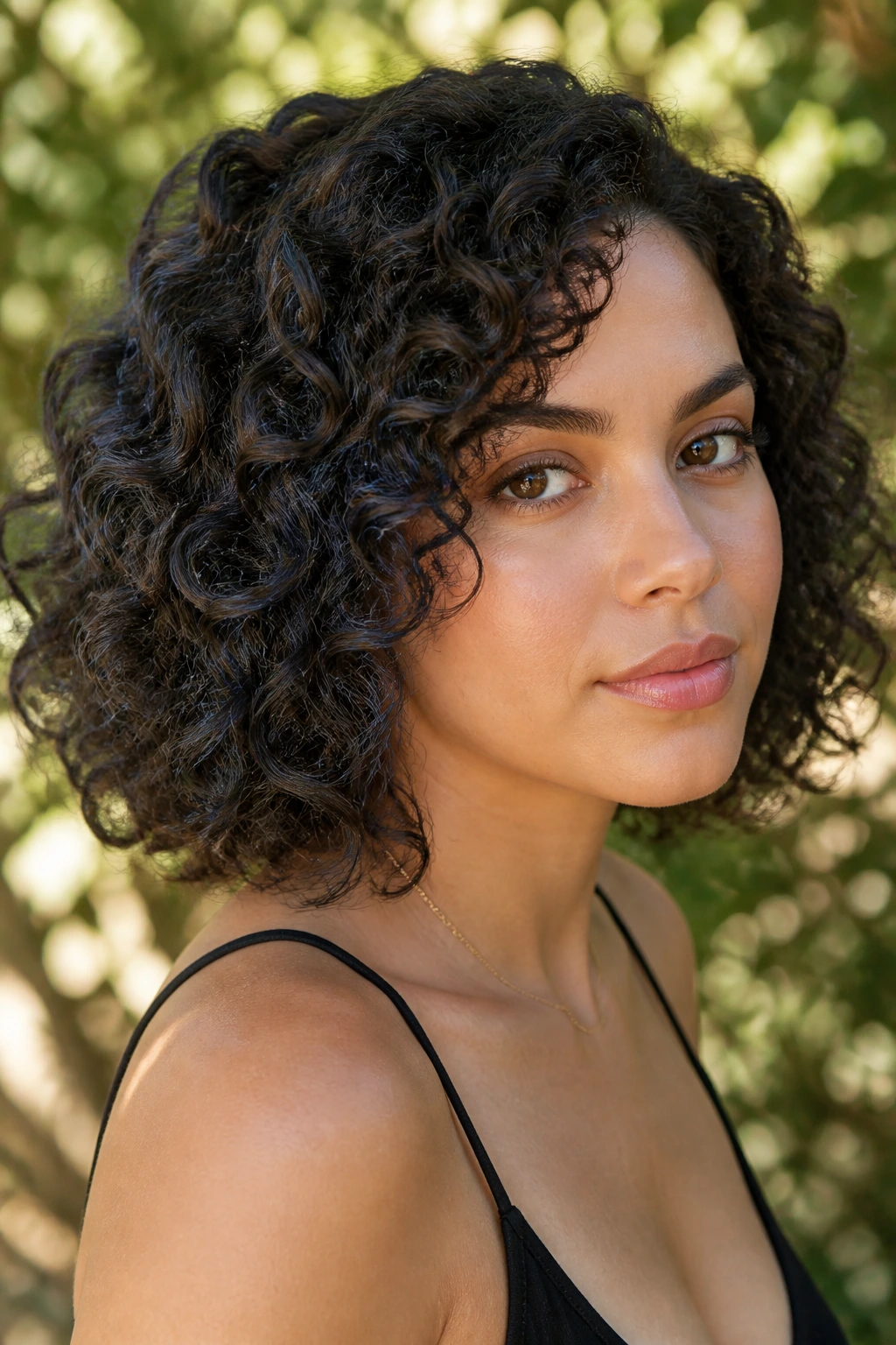 Close-up of curly espresso hair with slate-blue babylights above the cheek line