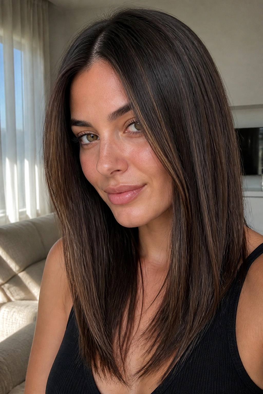 Portrait of a person with straight hair showing vertical espresso highlights from temples to collarbone.