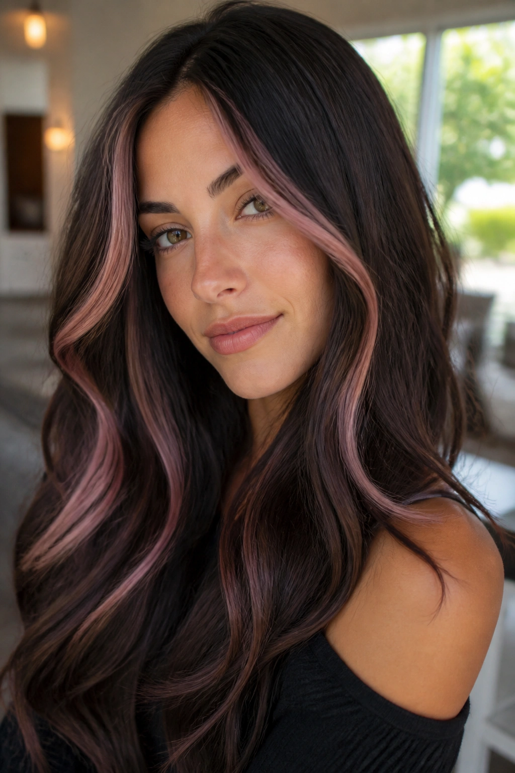 Portrait of a real woman with rich espresso hair and frosted pink highlights