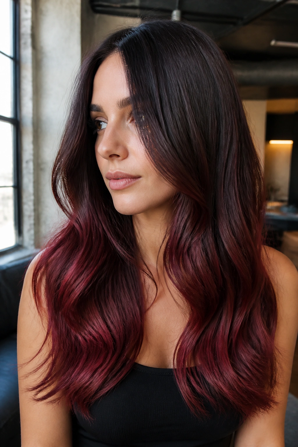 Real woman with espresso to garnet balayage fade on long brunette hair in a bright loft.