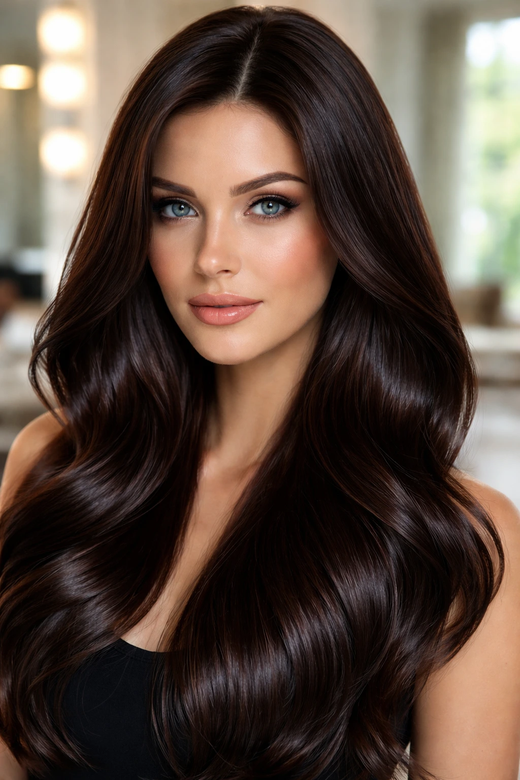 Close-up portrait of a real person with espresso glaze enhancing dark brown hair shine