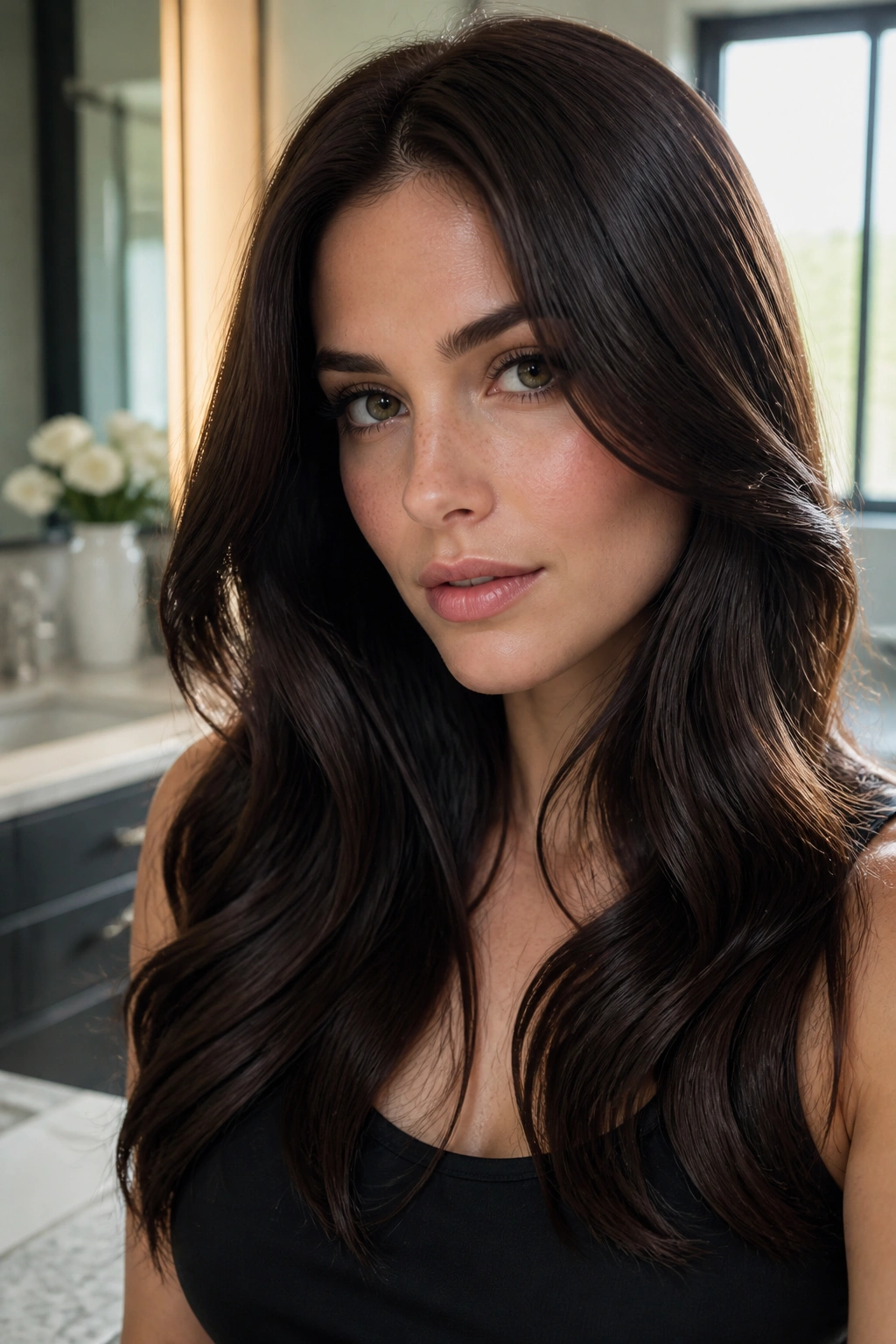 Close-up of glossy espresso over natural brown hair on a woman