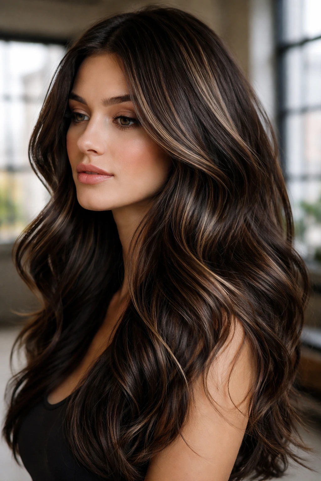 Close-up portrait of a real person with espresso base and beige ribbons in hair