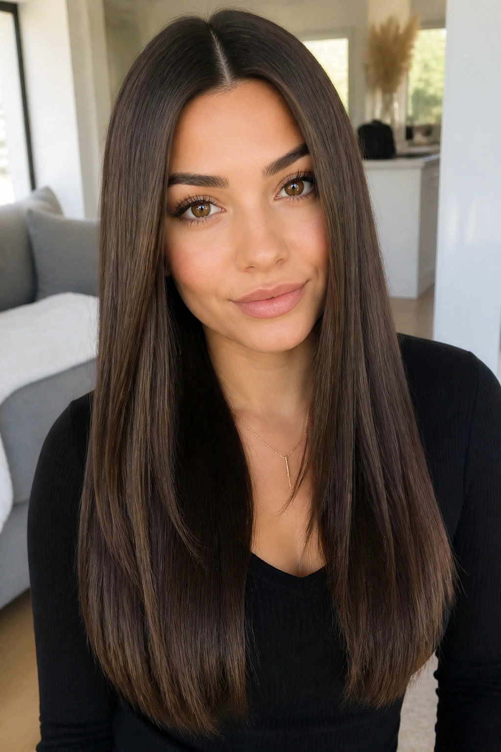Close-up of real woman with sleek center-parted espresso hair in a bright living room