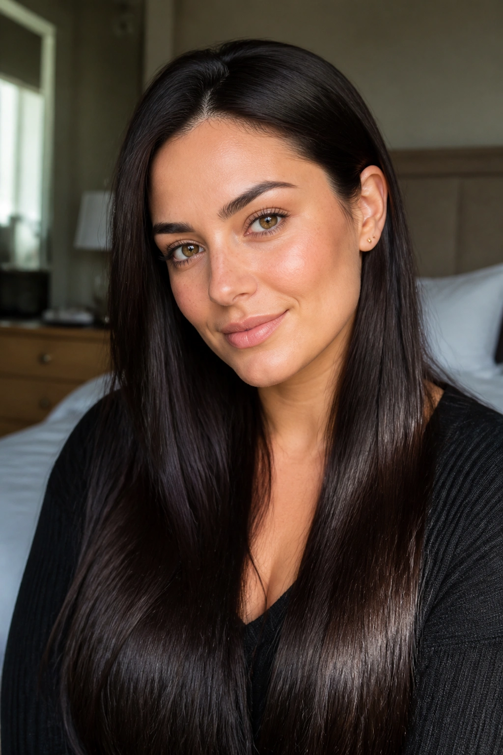 Close-up portrait of a real woman with deep espresso glossy hair