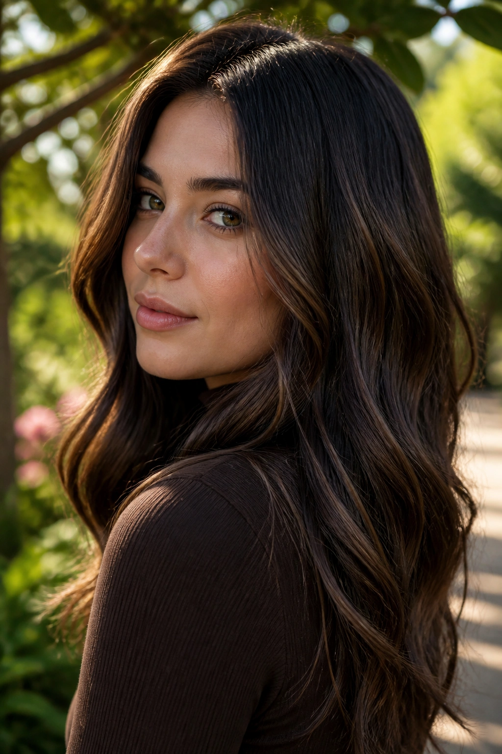 Close-up of a woman with espresso hazelnut glossy hair catching light.
