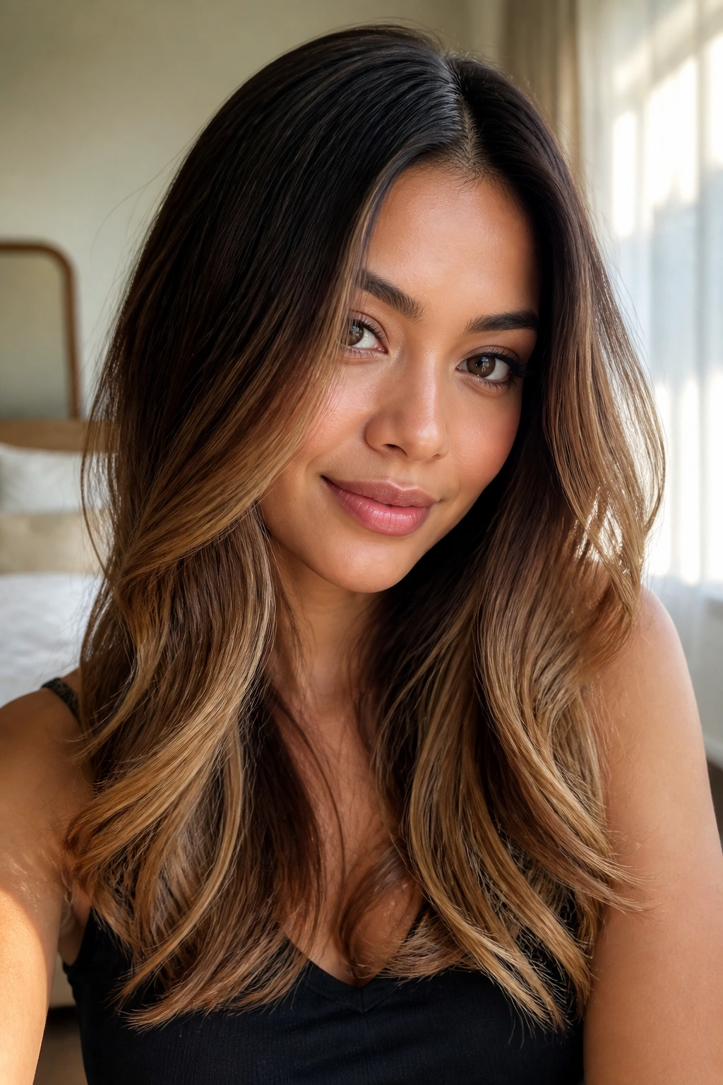 Close-up of a real woman with espresso roots fading to honeyed ends in balayage.