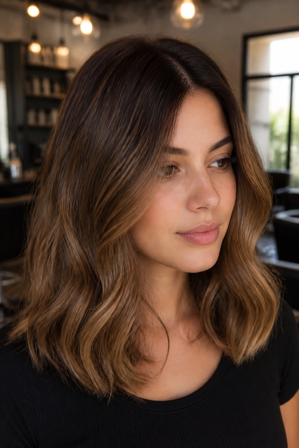 Close-up portrait of a real woman with espresso-root and honey-midlength balayage, shoulder-length hair in a salon setting