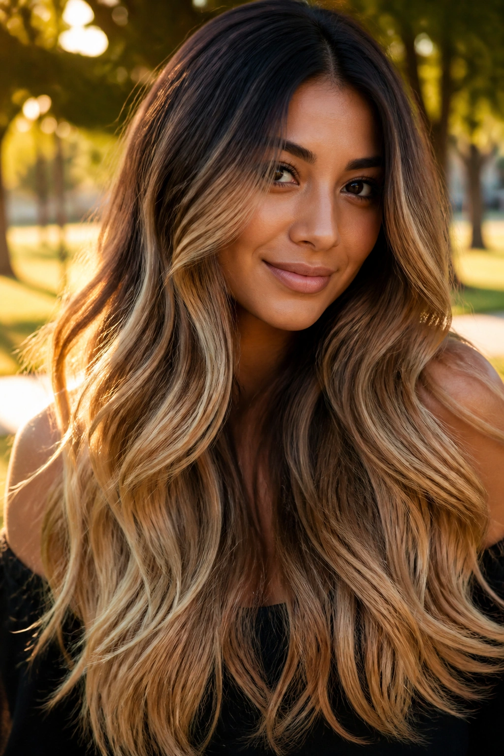 Close-up of espresso to honey blonde long hair on a real woman