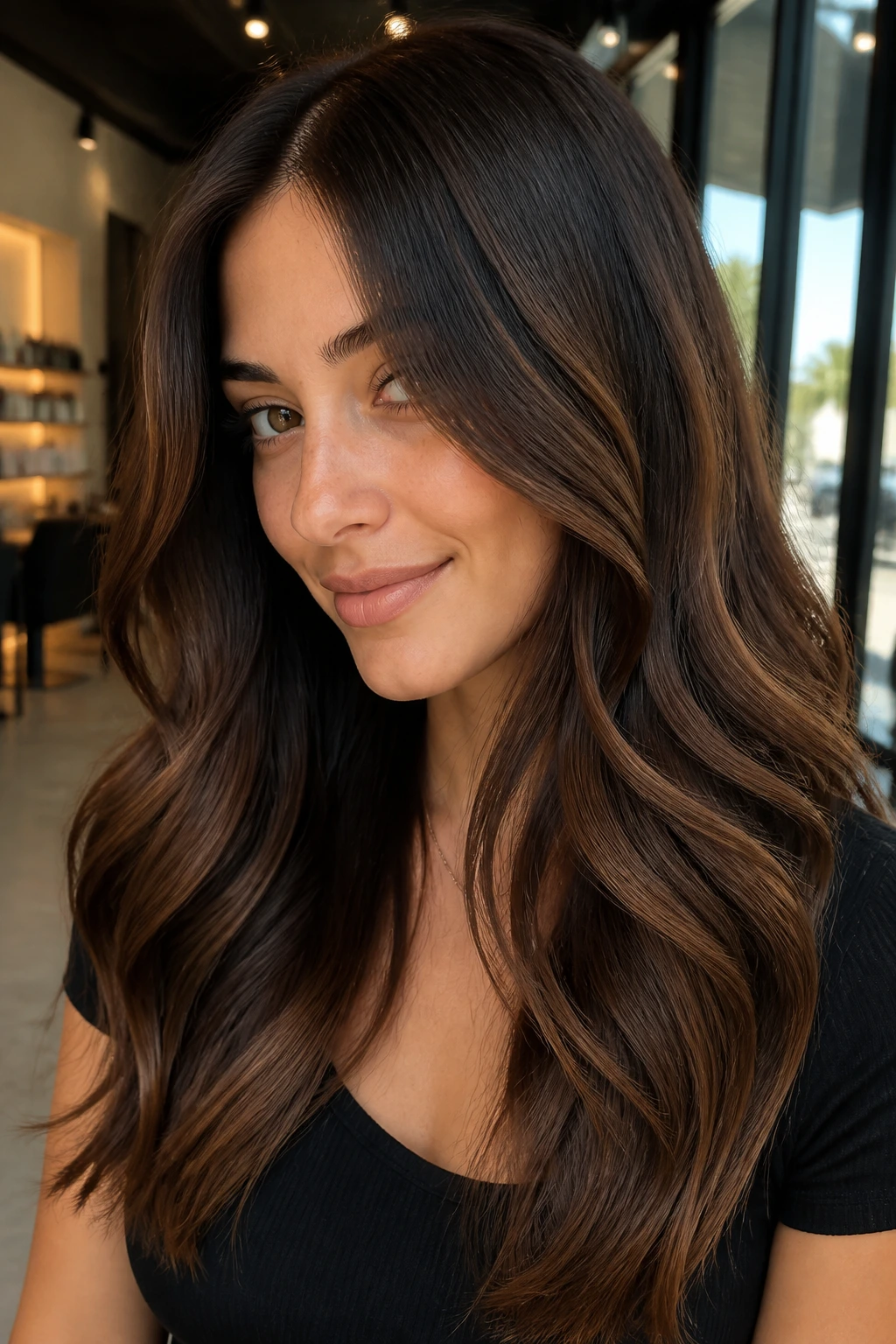 Close-up of a real person with espresso brown hair and soft honey gloss, glossy finish.
