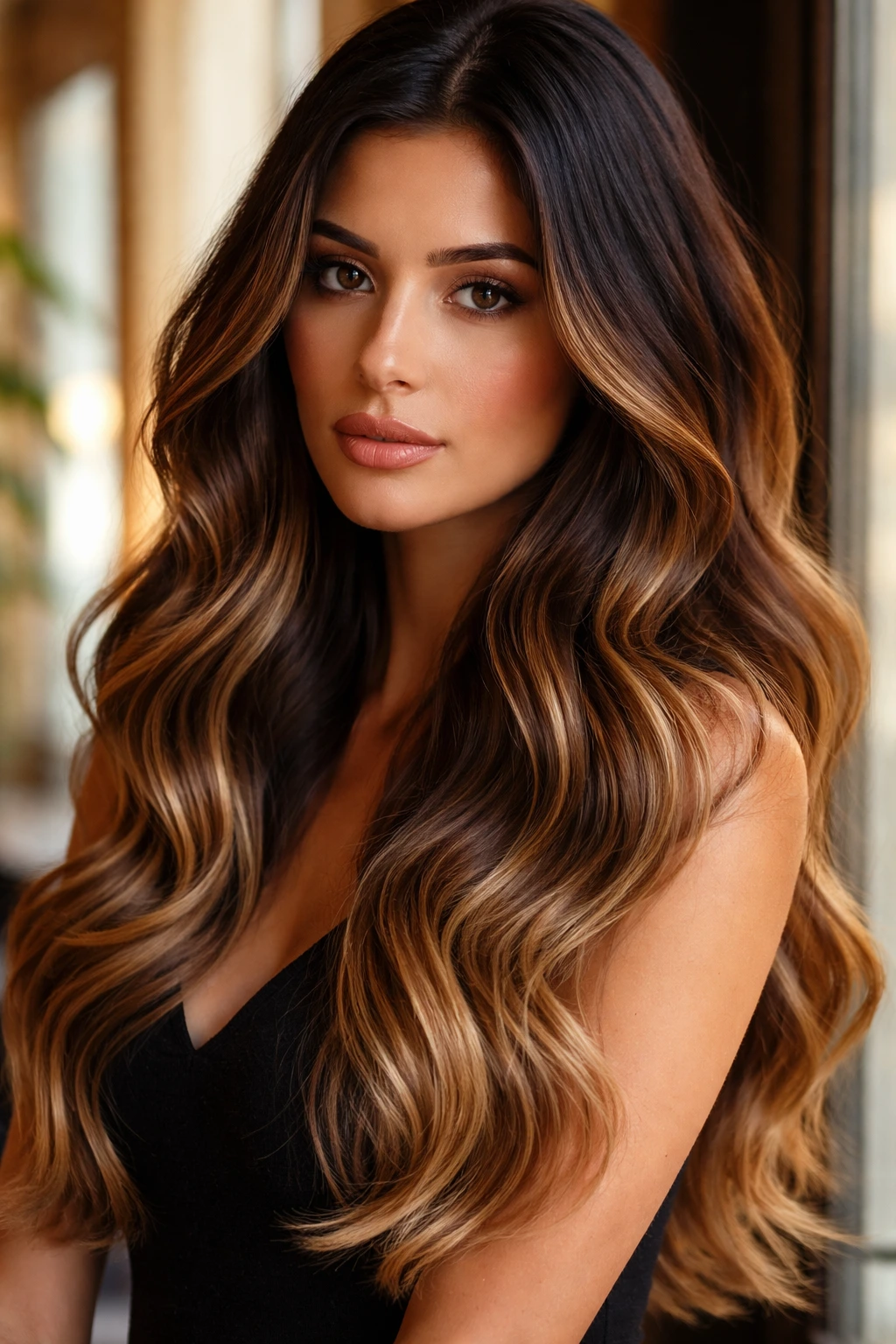 Close-up of espresso roots fading to honey ends on brown hair